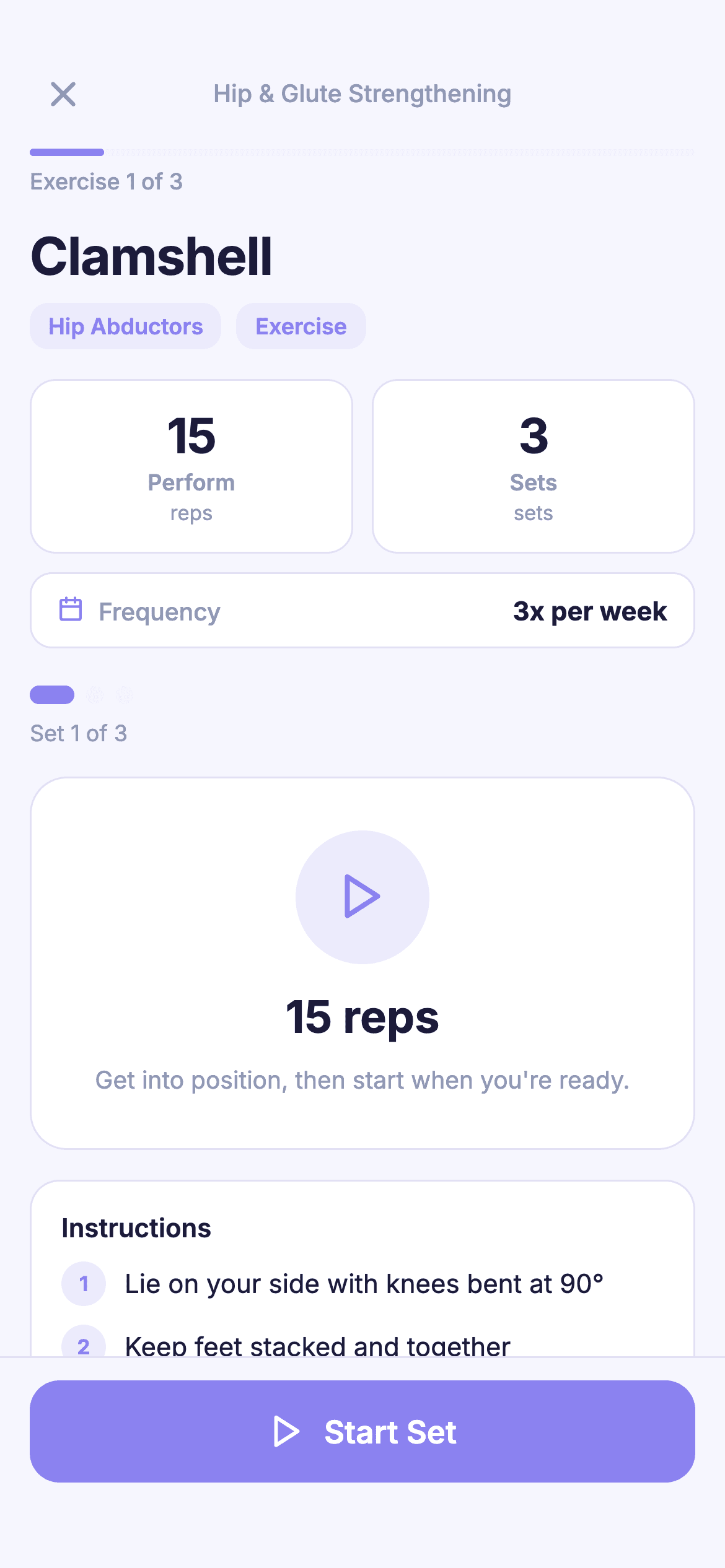 An exercise detail screen with sets, reps and instructions