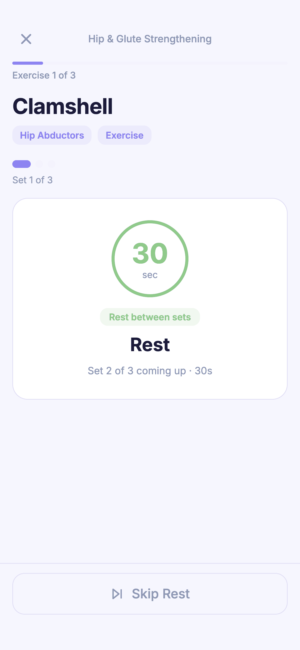 The built-in rest timer counting down between sets